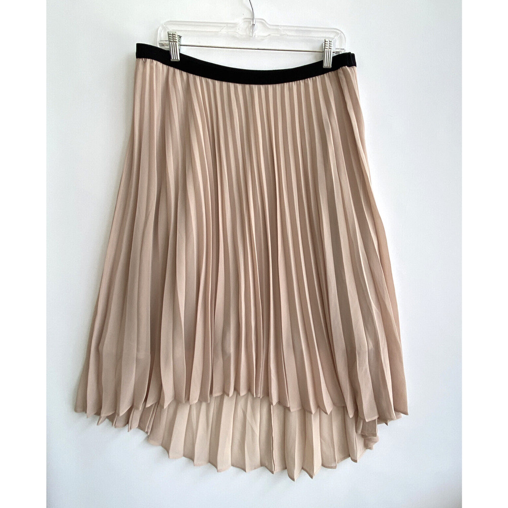 PLEIONE Beige Hi-Lo Pleated Midi Skirt Elastic Waist Size L